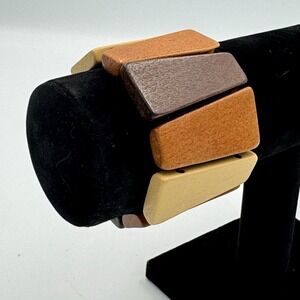 Multicolor Wood Beaded Stretch Bracelet Geometric Rectangle Panel